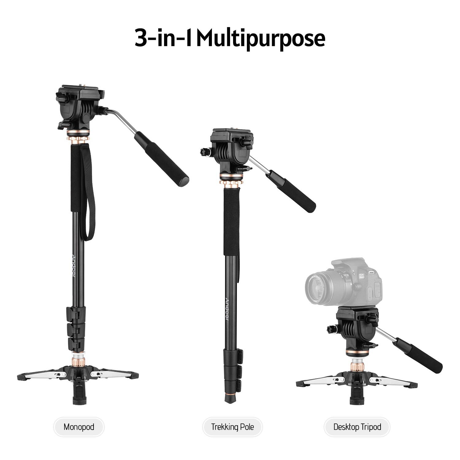 Andoer 173cm/68inch Photography Monopod Stand Aluminum Alloy 6kg Load Capacity with Detachable 3-Leg Tripod Base Pan Tilt Fluid Head Carry Bag Compatible with DSLR Cameras Camcorders