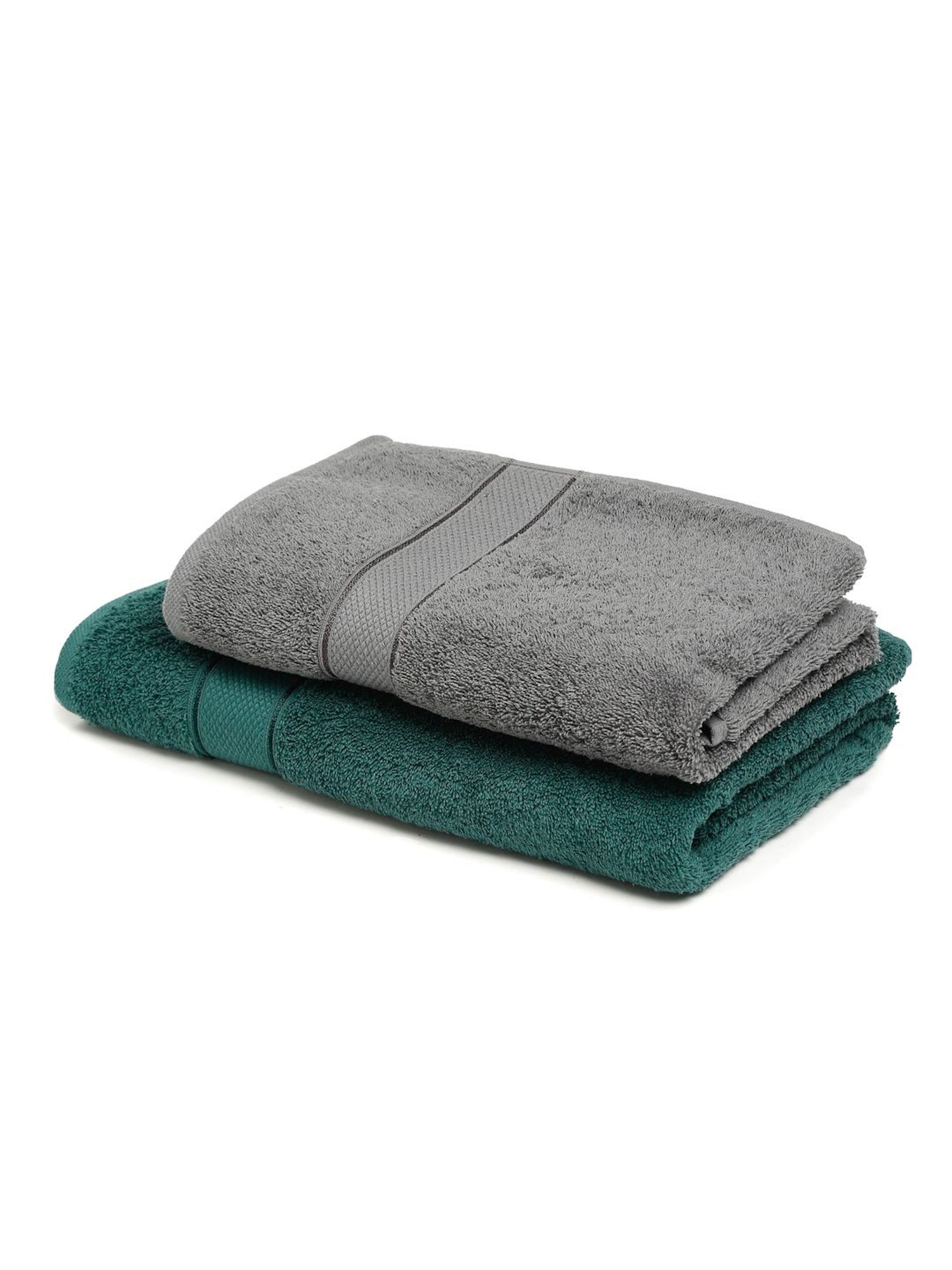 Creeva Dark Green & Grey 525 GSM Cotton Bath Towel Set of 2