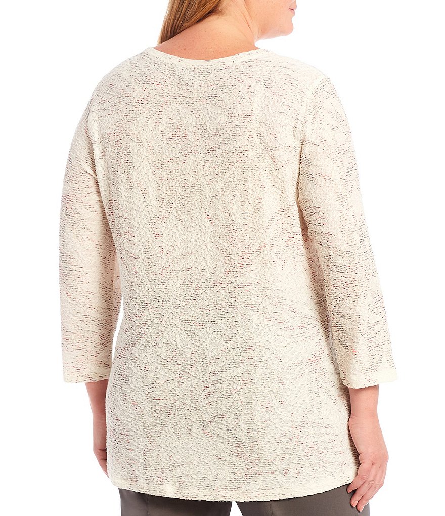 Multiples Plus Size Leaves Print Stripe Weave Knit Crew Neck 3/4 Sleeve Top