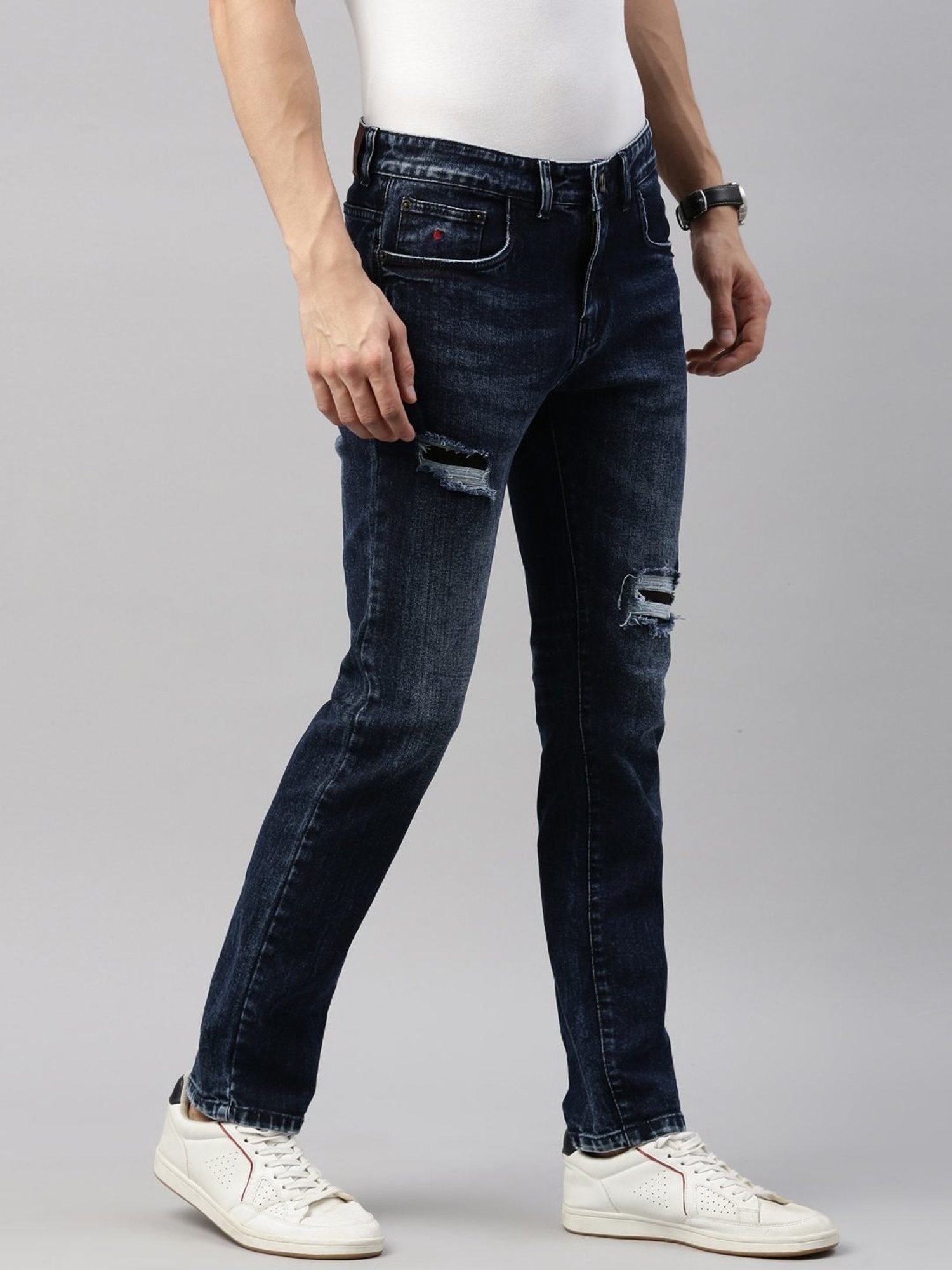 CINOCCI Dark Blue Cotton Slim Fit Distressed Jeans
