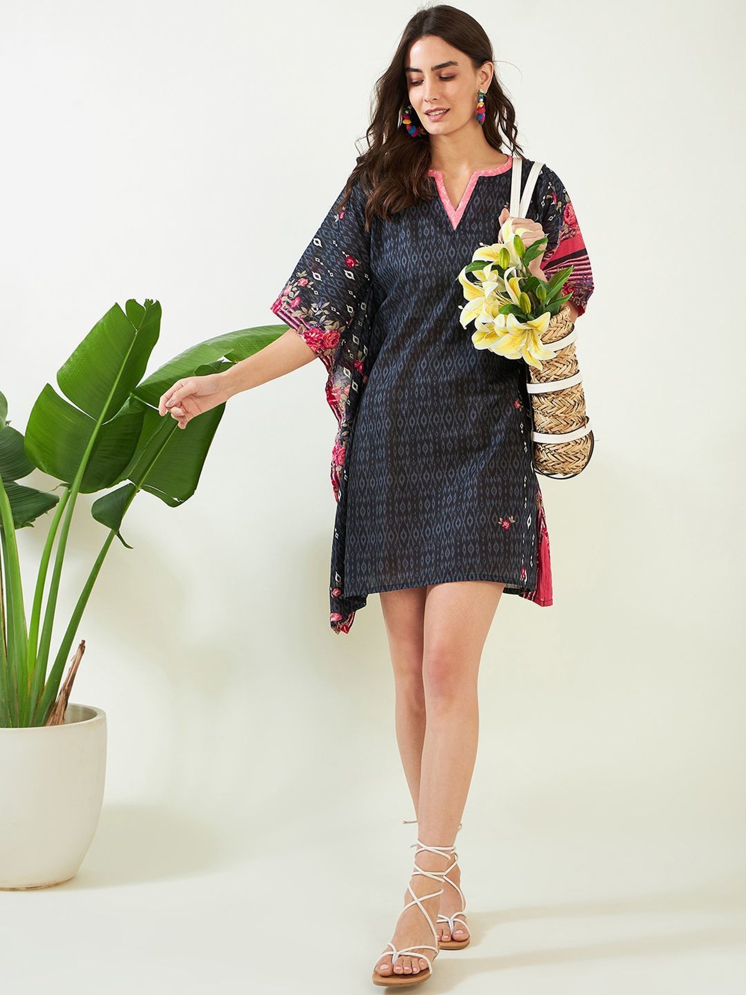 The Kaftan Company Black Cotton Printed Beachwear Kaftan