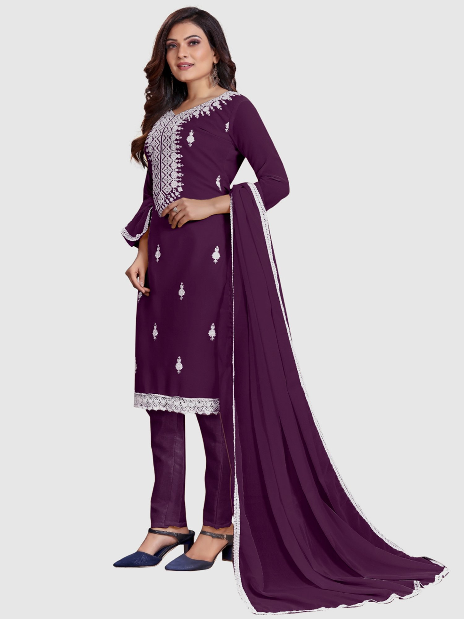 APNISHA Purple Embroidered Unstitched Dress Material