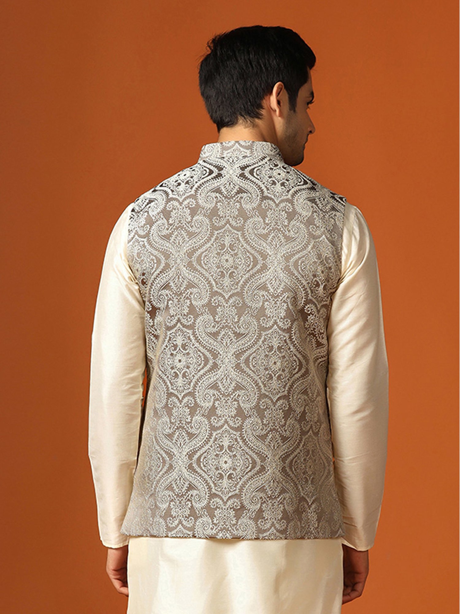 KISAH Grey Regular Fit Self Design Nehru Jacket