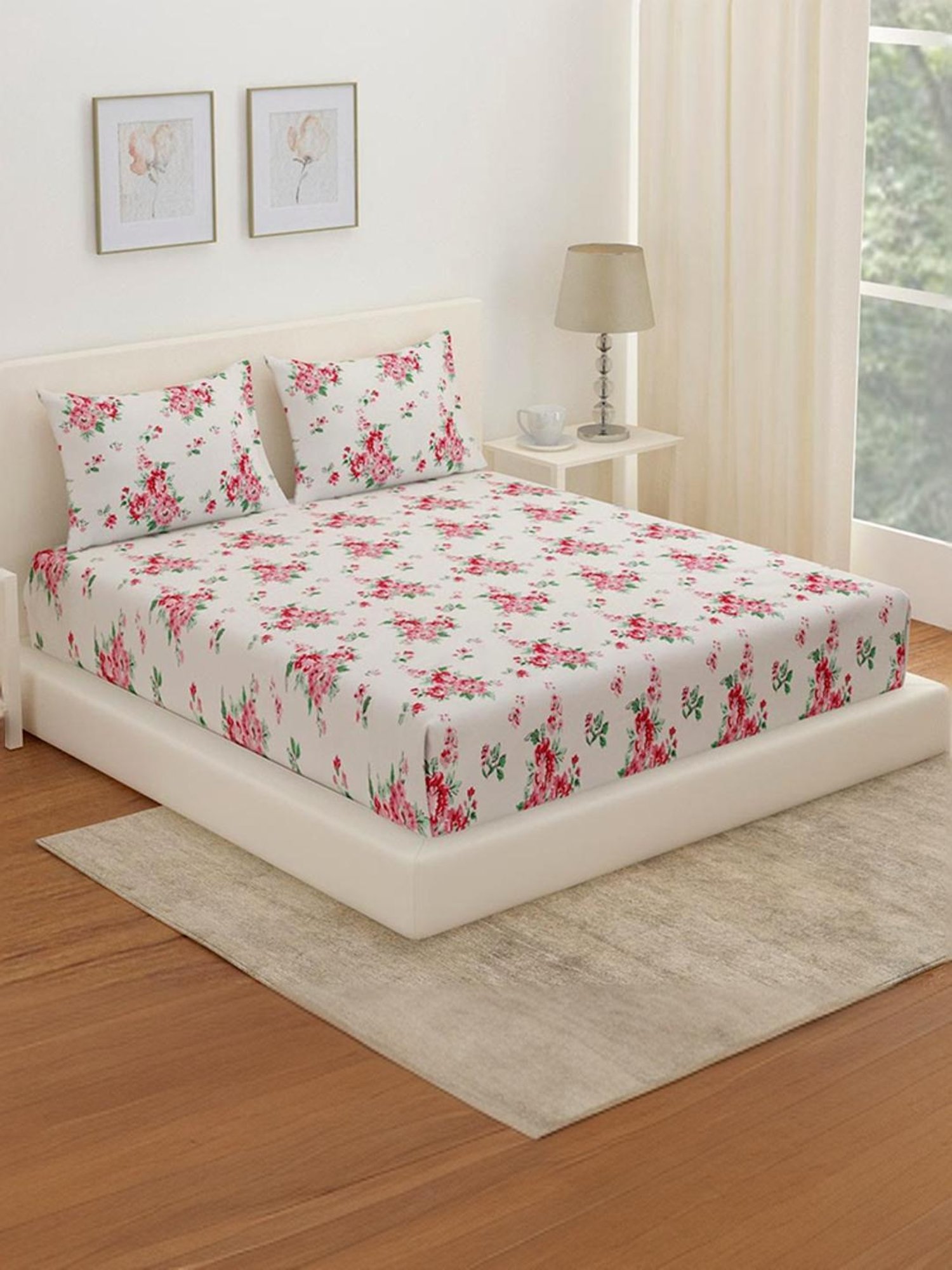 @Home Arias Pink & White 300 TC Cotton King Bedsheet with 2 Pillow Covers