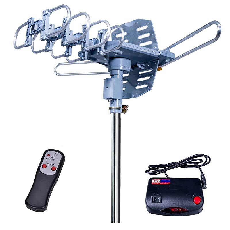 MilesAmplified Outdoor TV Antenna4K1080p High Reception+40FT RG6 Cable360Strong Motor Rotation Wireless Remote Snap On Installation+2TV Function