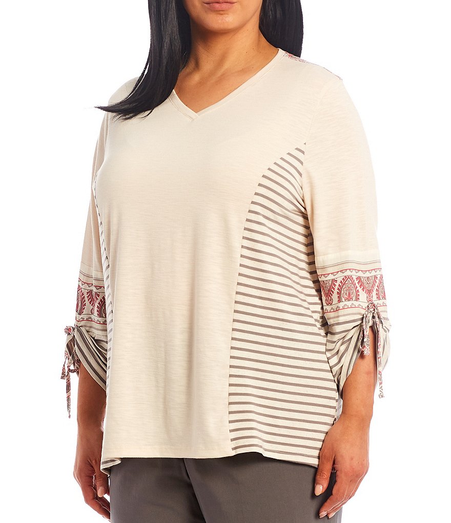 Multiples Plus Size Paisley & Stripe Print Slub Knit V-Neck Tie Sleeve Detail 3/4 Sleeve Top