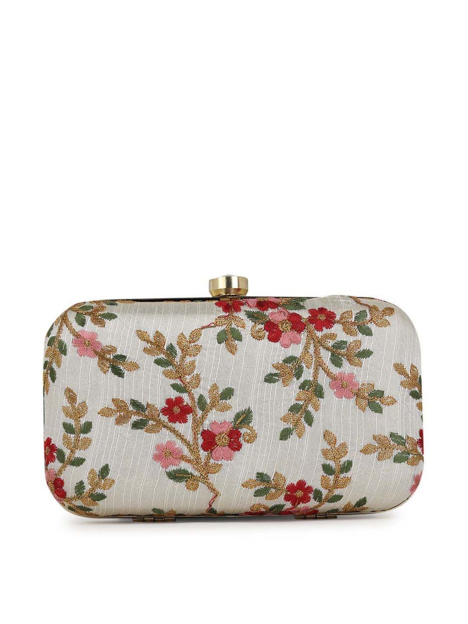 Gaurapakhi White Embroidered Minaudiere Clutch