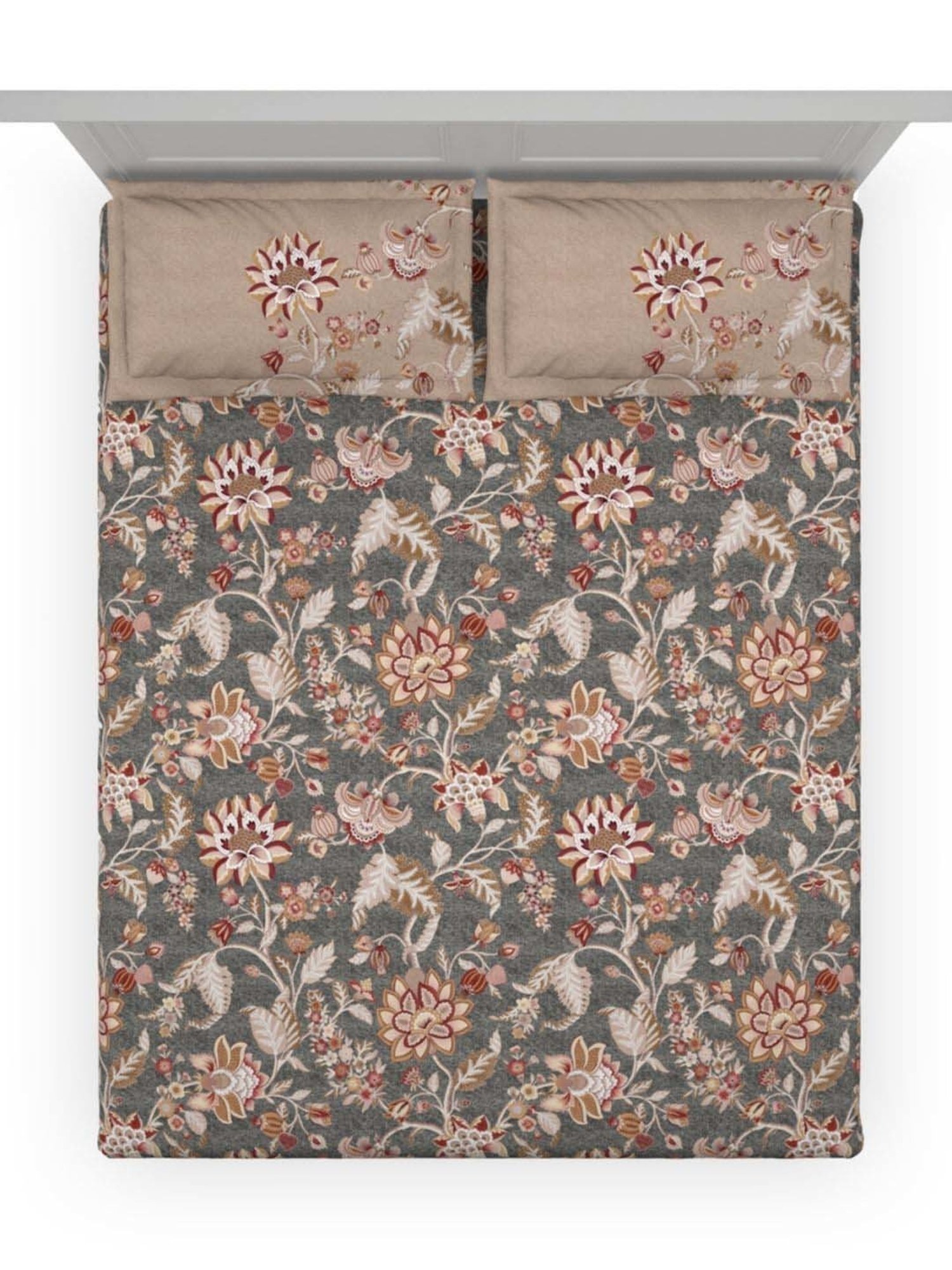 DDecor Jacobean Grace Ethnic Grey Cotton 136 TC Double Bedsheet With 2 Pillow Covers