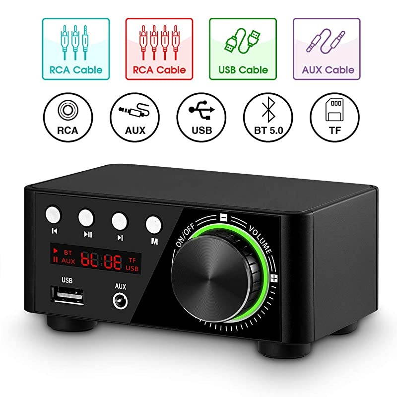 100W Mini Bluetooth 5.0 Power Amplifier Hi-Fi Stereo Class D Audio Amp 2.0 Channel Wireless Receiver Lossless Music Player TF USB Home Speaker (Black)