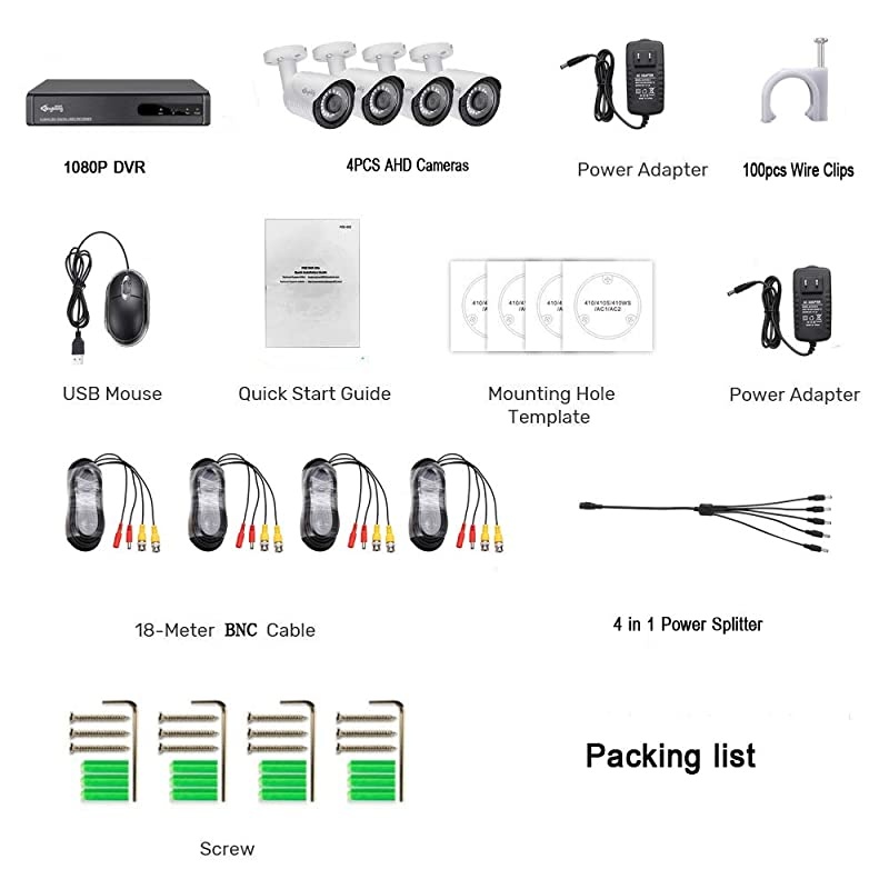 1080P 4CH Home Security Camera System, 4PCS 1920TVL DVR CCTV Cameras Outdoor, Wide Viewing Angle, IP67 Weatherproof, 98ft Night Vision, Motion Alert