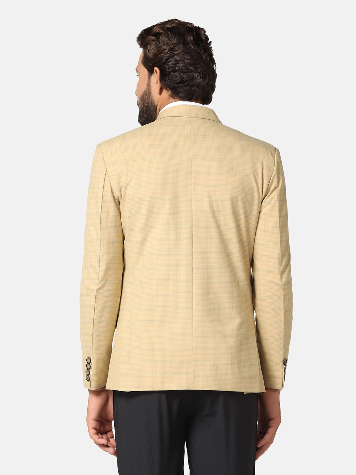 TAHVO Beige Slim Fit Check Notch Lapel Blazer