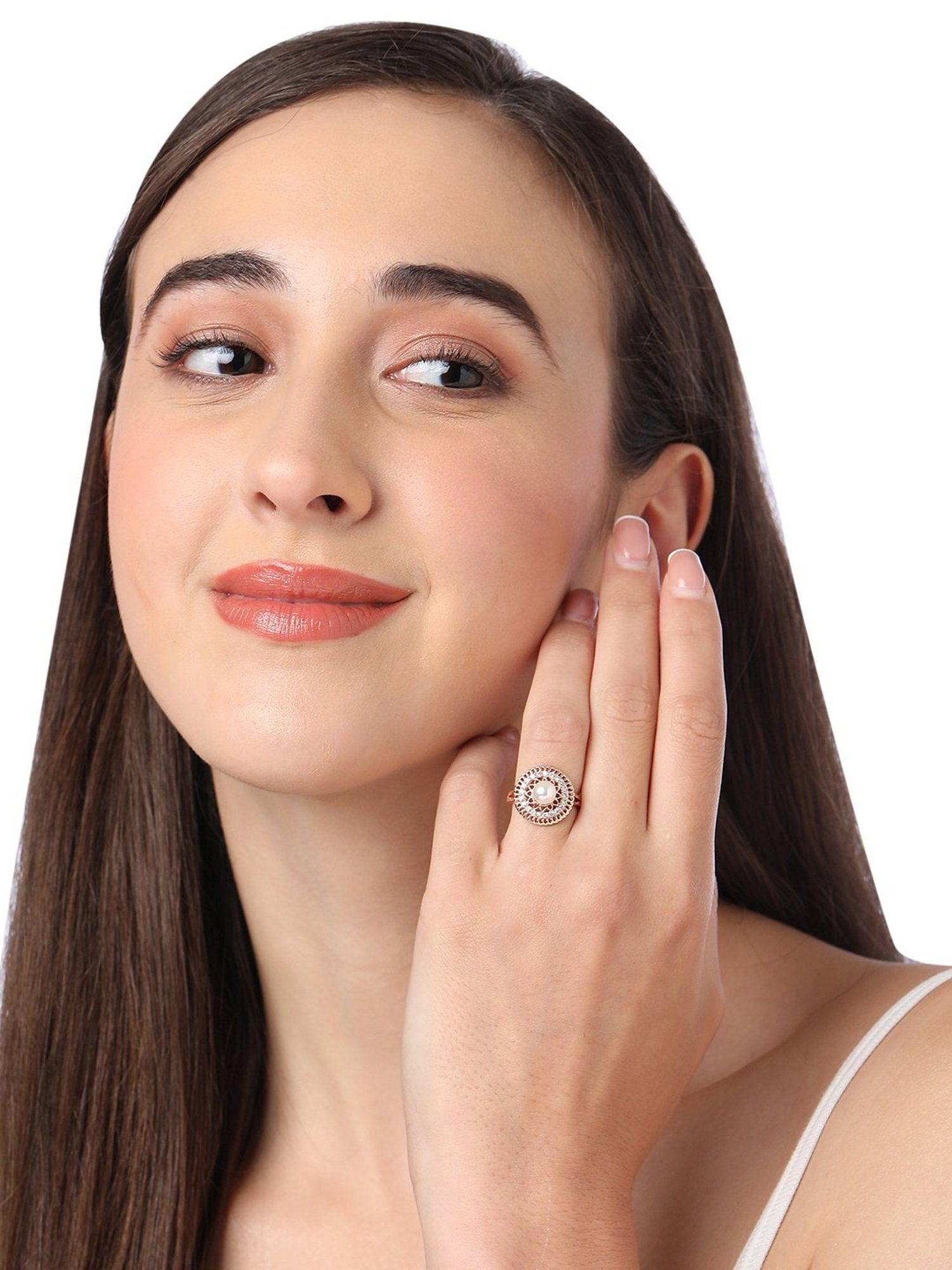 Zaveri Pearls Rose Gold Cubic Zirconia & Pearl Contemporary Brass Ring Cocktail Ring - ZPFK10900