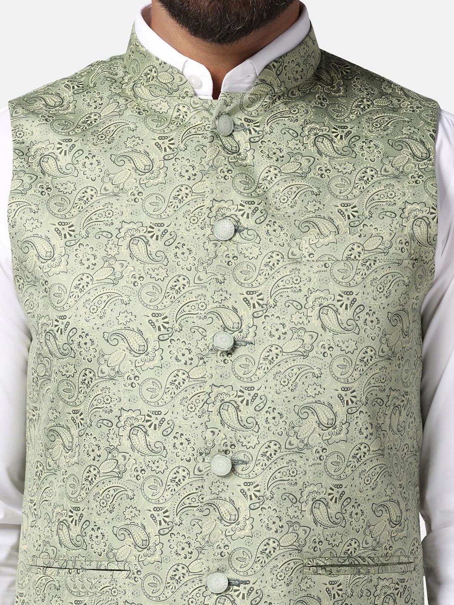 TAHVO Green Slim Fit Printed Nehru Jacket
