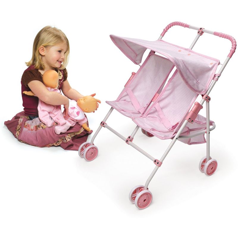 Badger Basket Double Doll Side-by-Side Umbrella Stroller - Pink & White Gingham