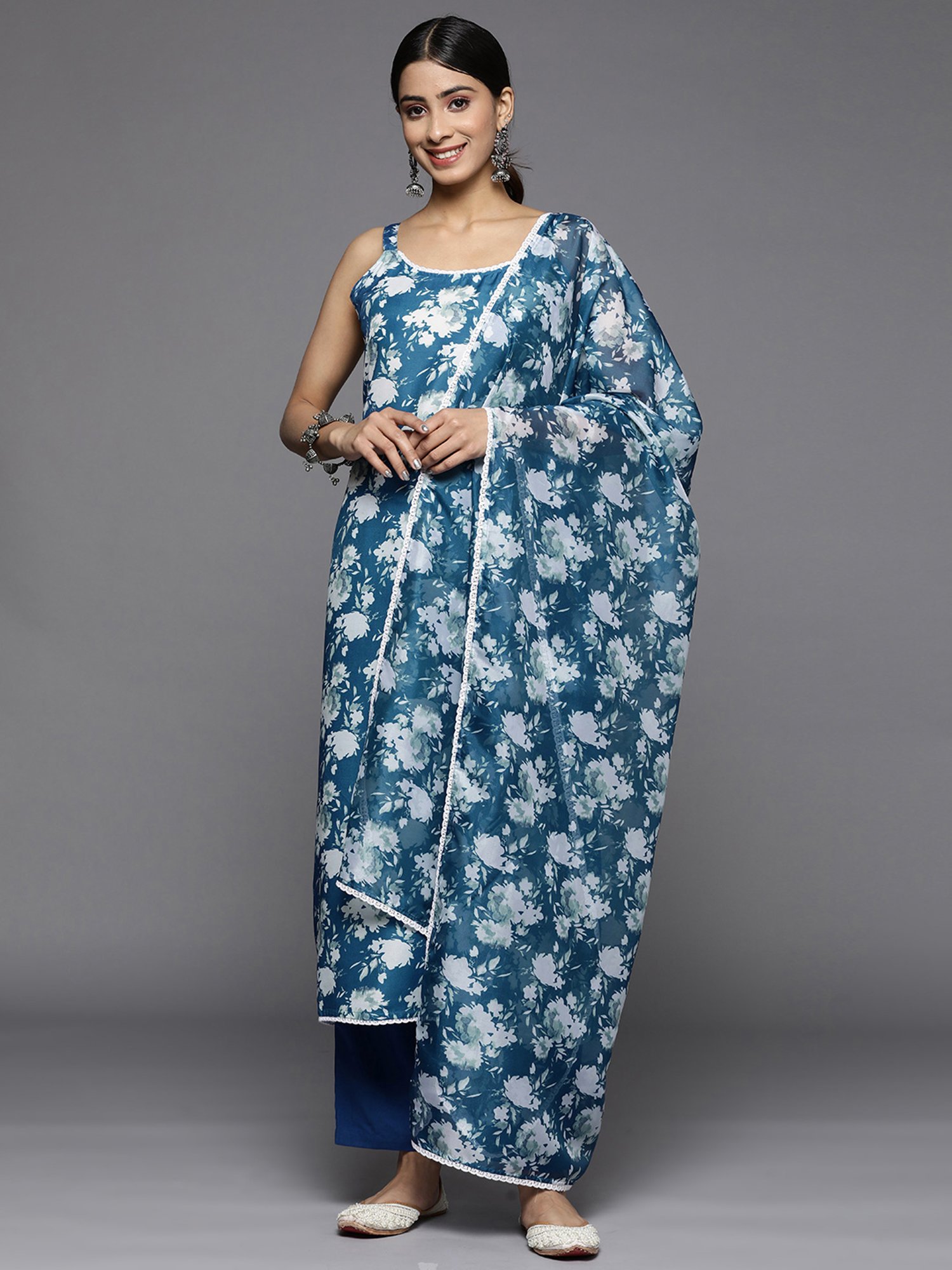 Varanga Blue Cotton Printed Kurta Pant Set With Dupatta