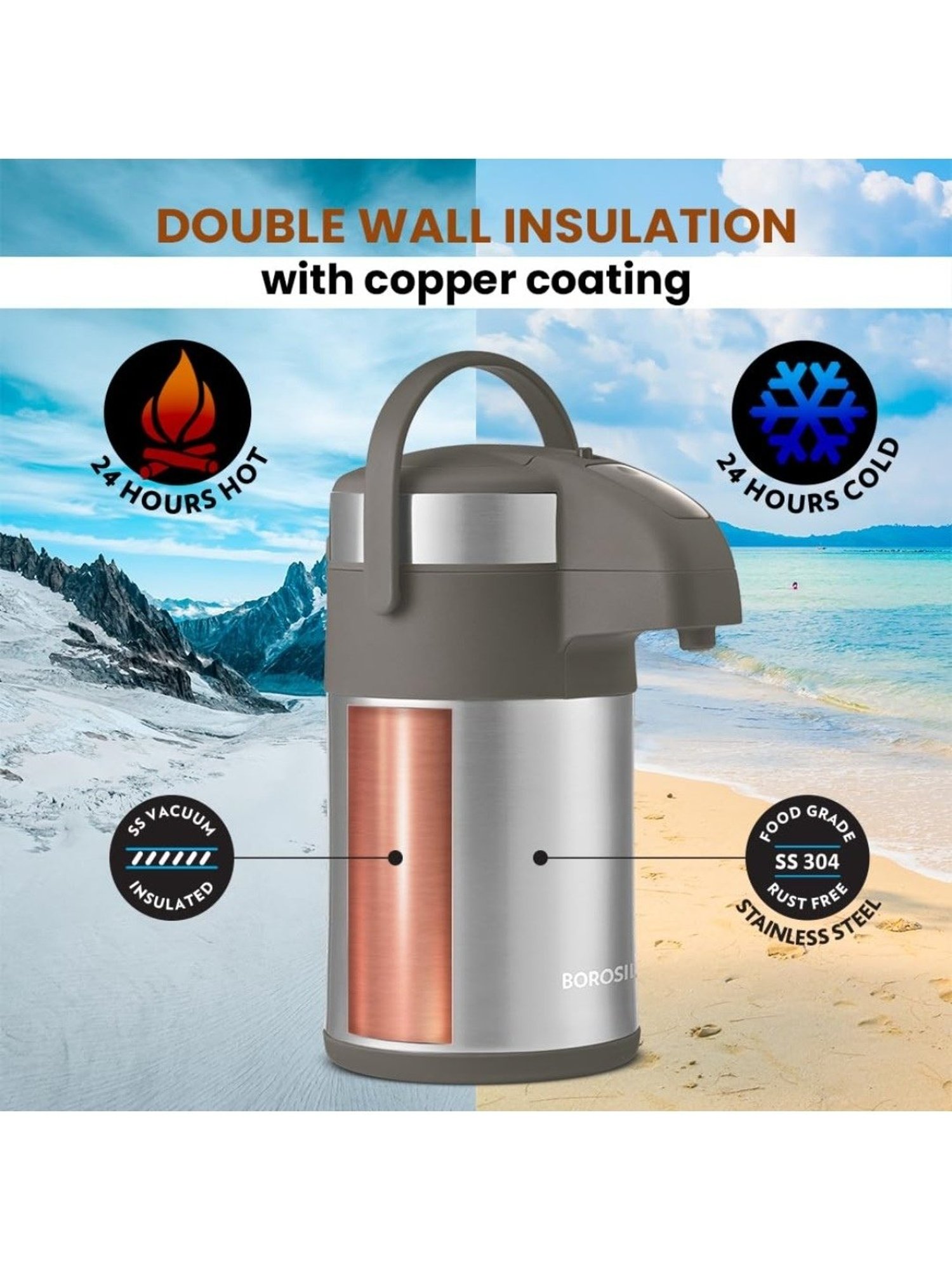 Borosil Silver Stainless Steel Thermos Flask 3L with 24 Hrs Hot & Cold Tea Coffee Serving