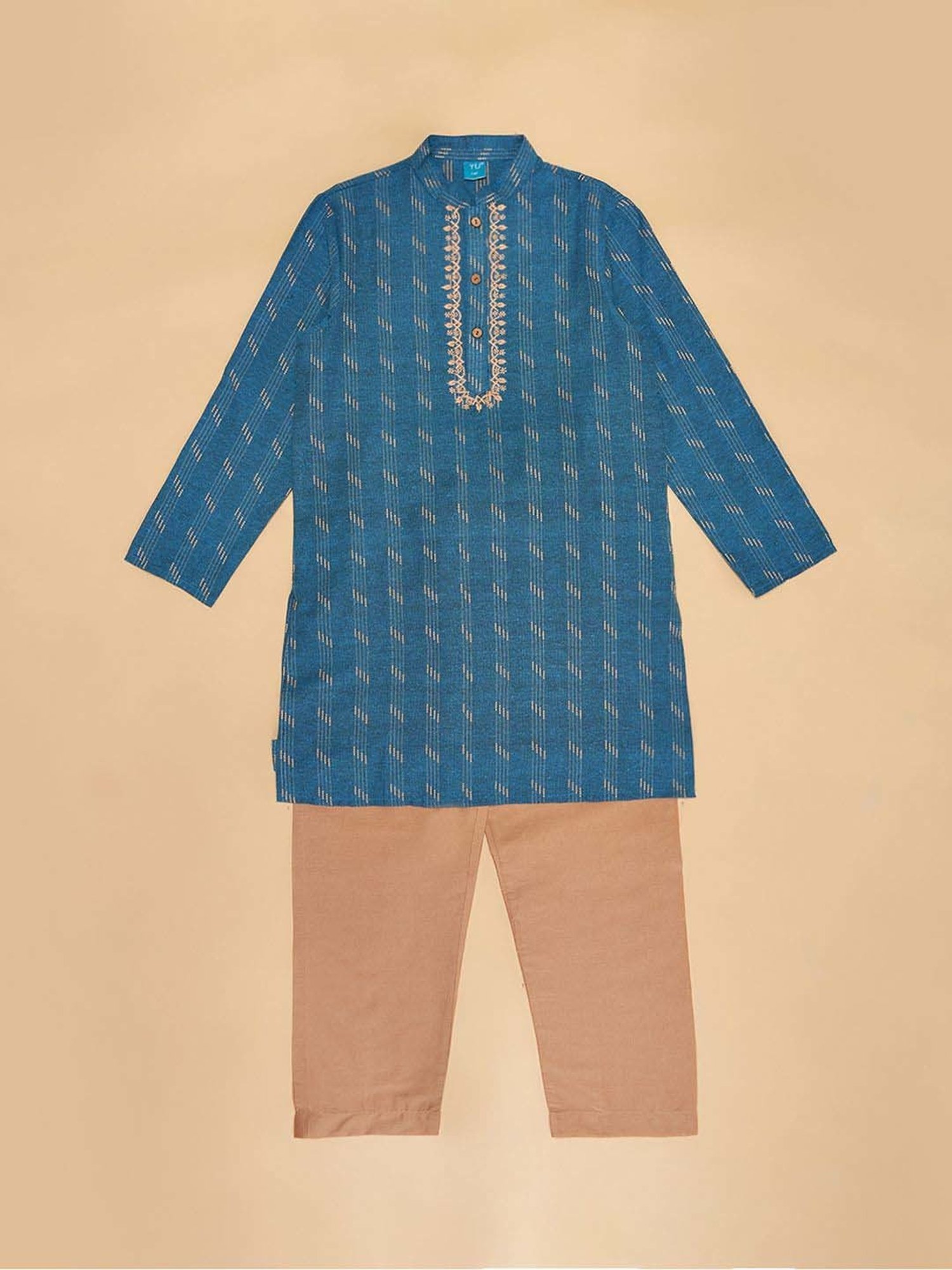 YU by Pantaloons Kids Teal Blue & Brown Cotton Embroidered Full Sleeves Kurta Set