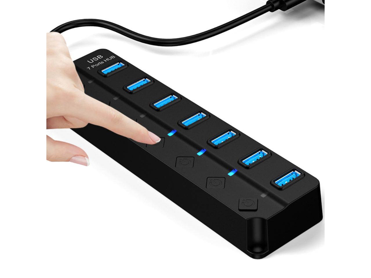 10pcs*Powered USB Hub 3.0, Vicabo 7-Ports USB Data Hub Splitter with One Smart Charging Port and Individual On/Off Switches Power LED and 5V Power Adapter black