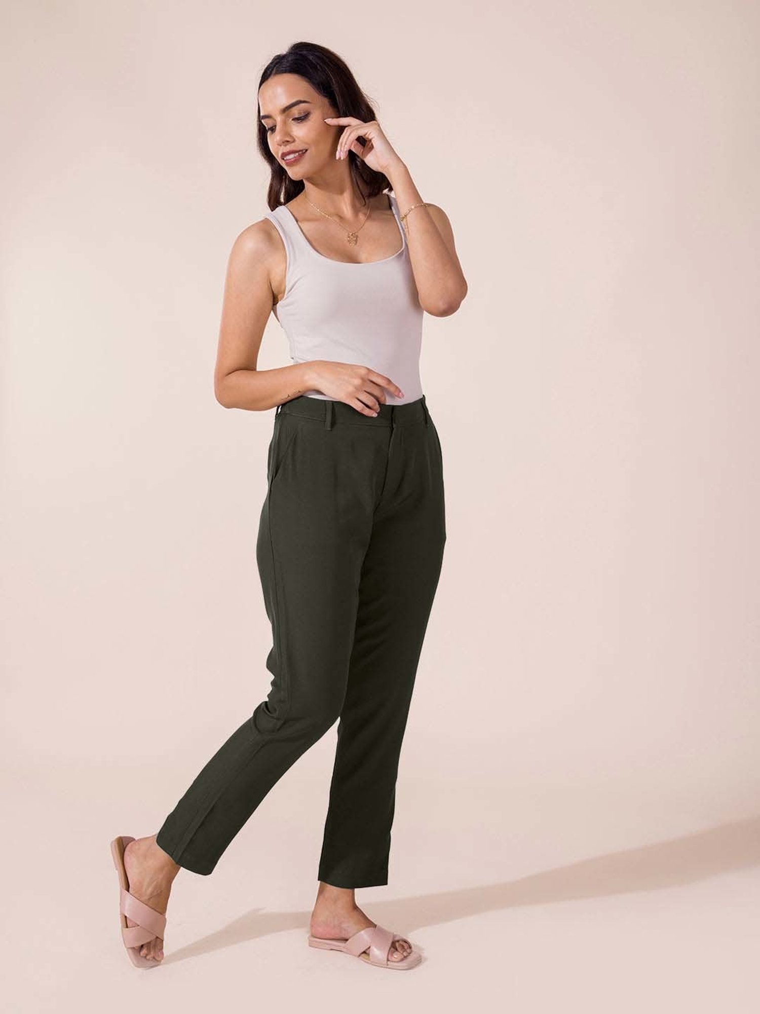 Go Colors! Green Mid Rise Formal Trousers
