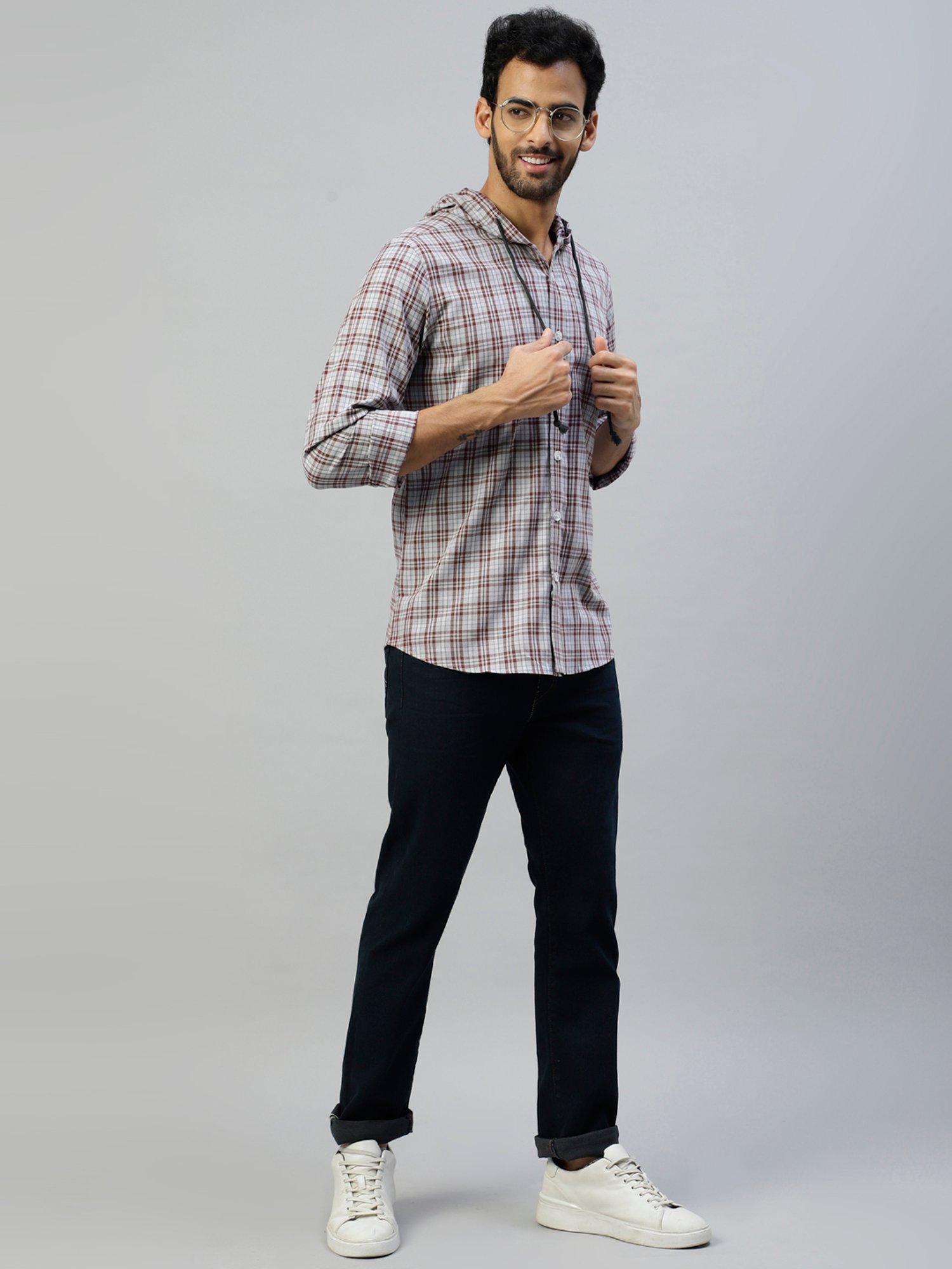 Don Vino Grey & Brown Regular Fit Check Cotton Hooded Shirt