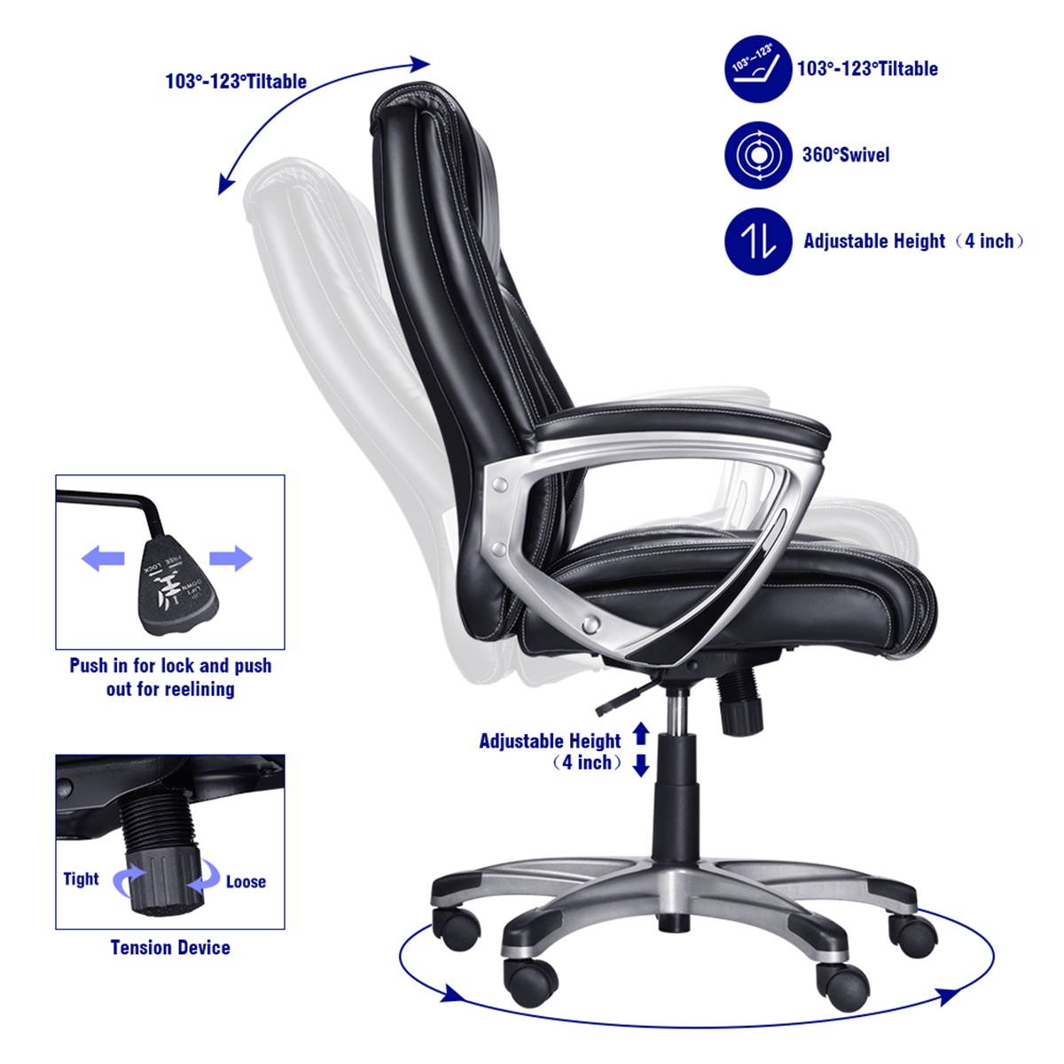 Business Leather High Back Computer Desk Executive Office Chair 360&deg; Swivel