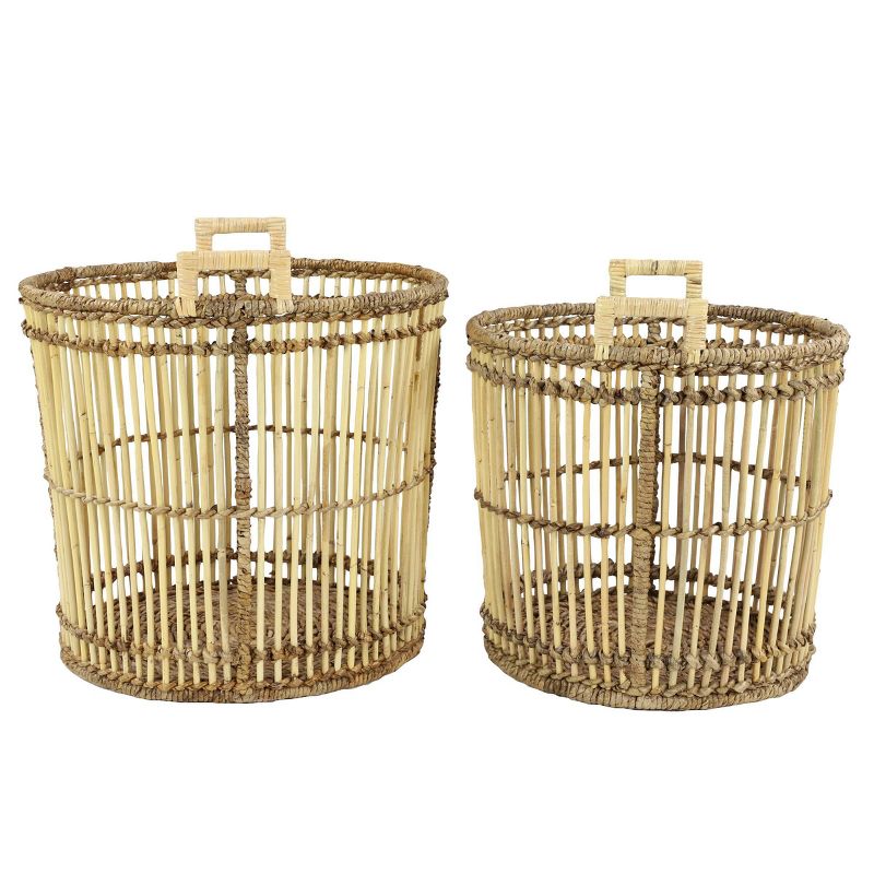 2pk Large Birdcage Shaped Natural Bamboo Baskets with Banana Leaf Detail