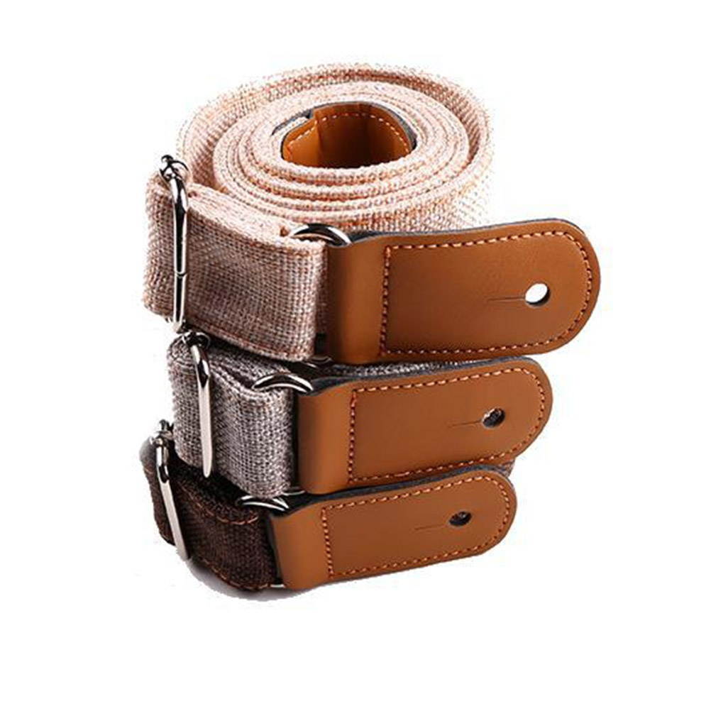 1PC Country Style Cotton Linen Shoulder Strap Genuine Leather Strap for Ukulele Guitar (Coffee)