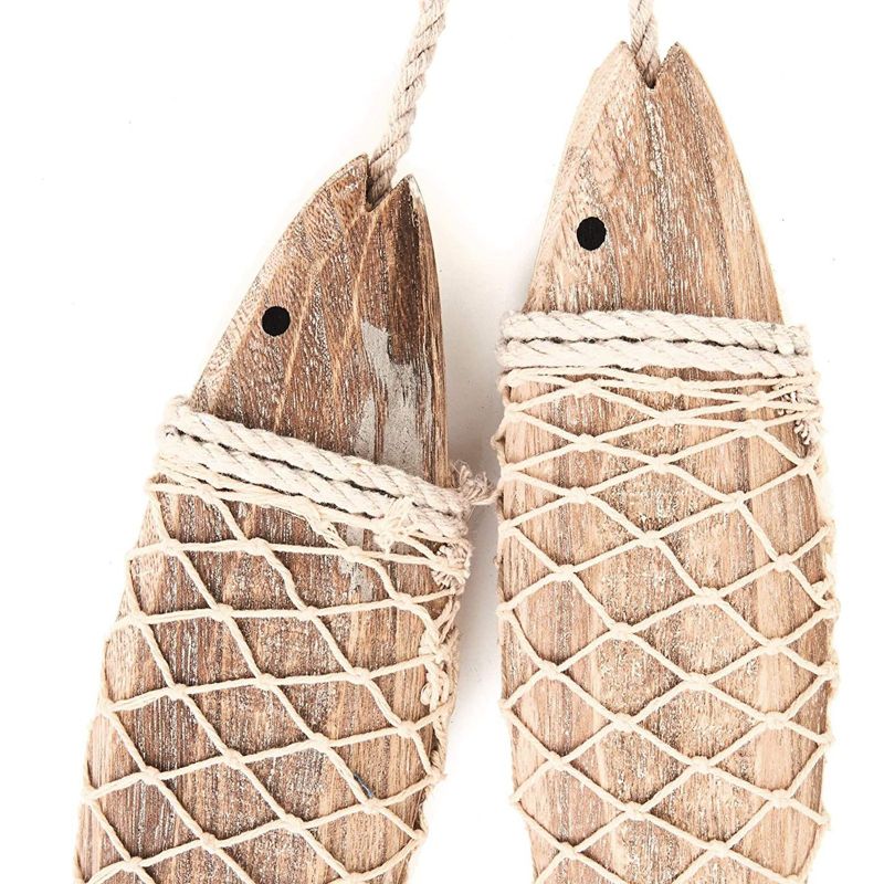 Juvale 2 Rustic Wooden Fish Ornament Wall Decor with Rope for Hanging (12.5 x 3 In)
