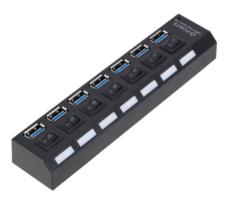 Black 7ports 7-Port USB 3.0 Hub with US Power Adapter with Independent Switches for pc laptop