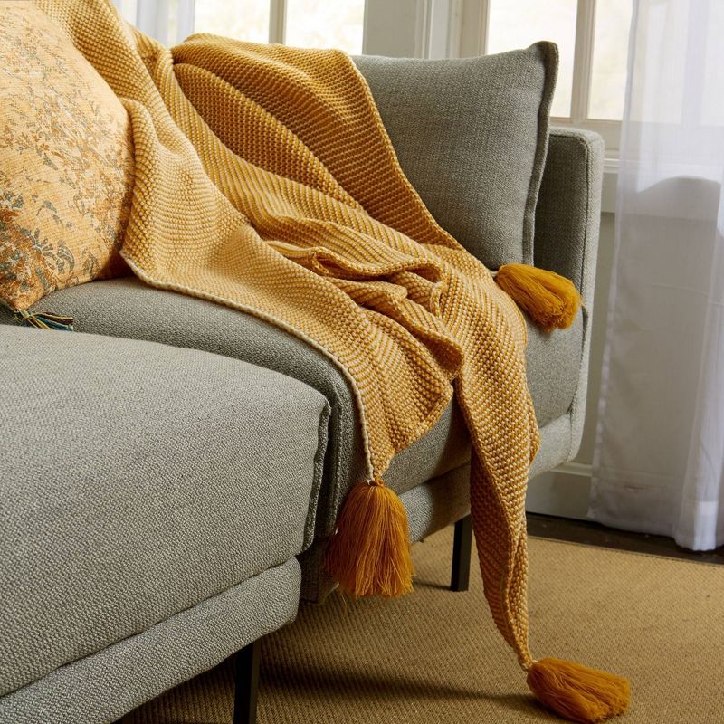 50"x60" Throw Blanket with Pom-Poms Ochre - Patina Vie