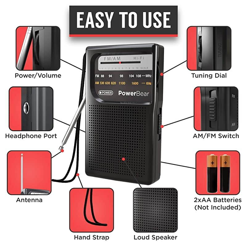 Portable Radio | AMFM 2AA Battery Operated with Long Range Reception for Indoor Outdoor Emergency Use | Radio with Speaker Headphone Jack Black