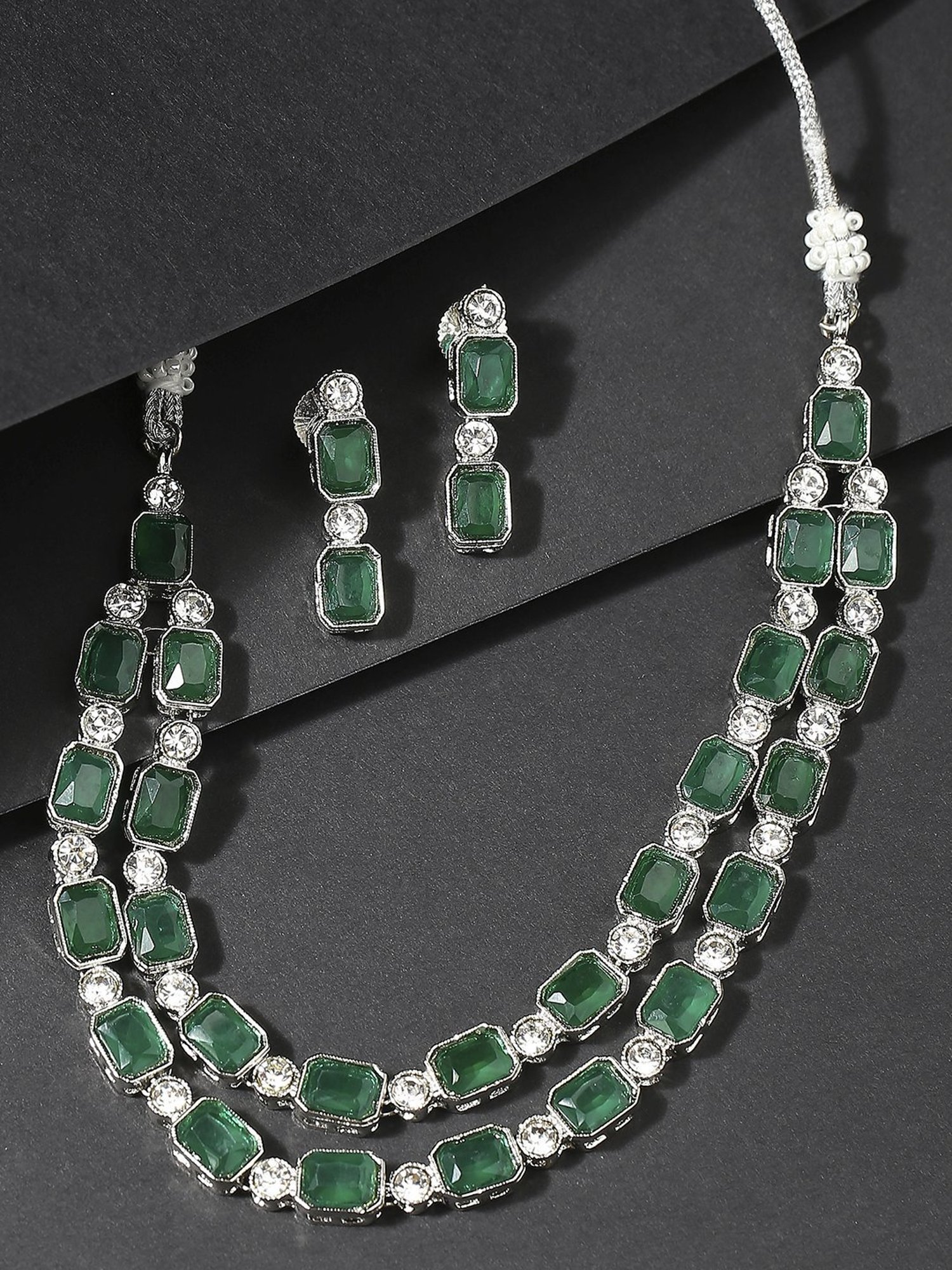 OOMPH Green Multi Layer American Diamond Necklace Set with Earrings