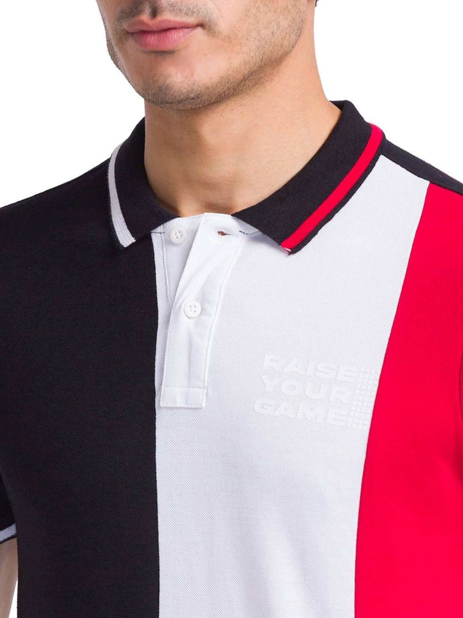 Parx Black & Red Cotton Regular Fit Colour- Block Polo T-Shirt