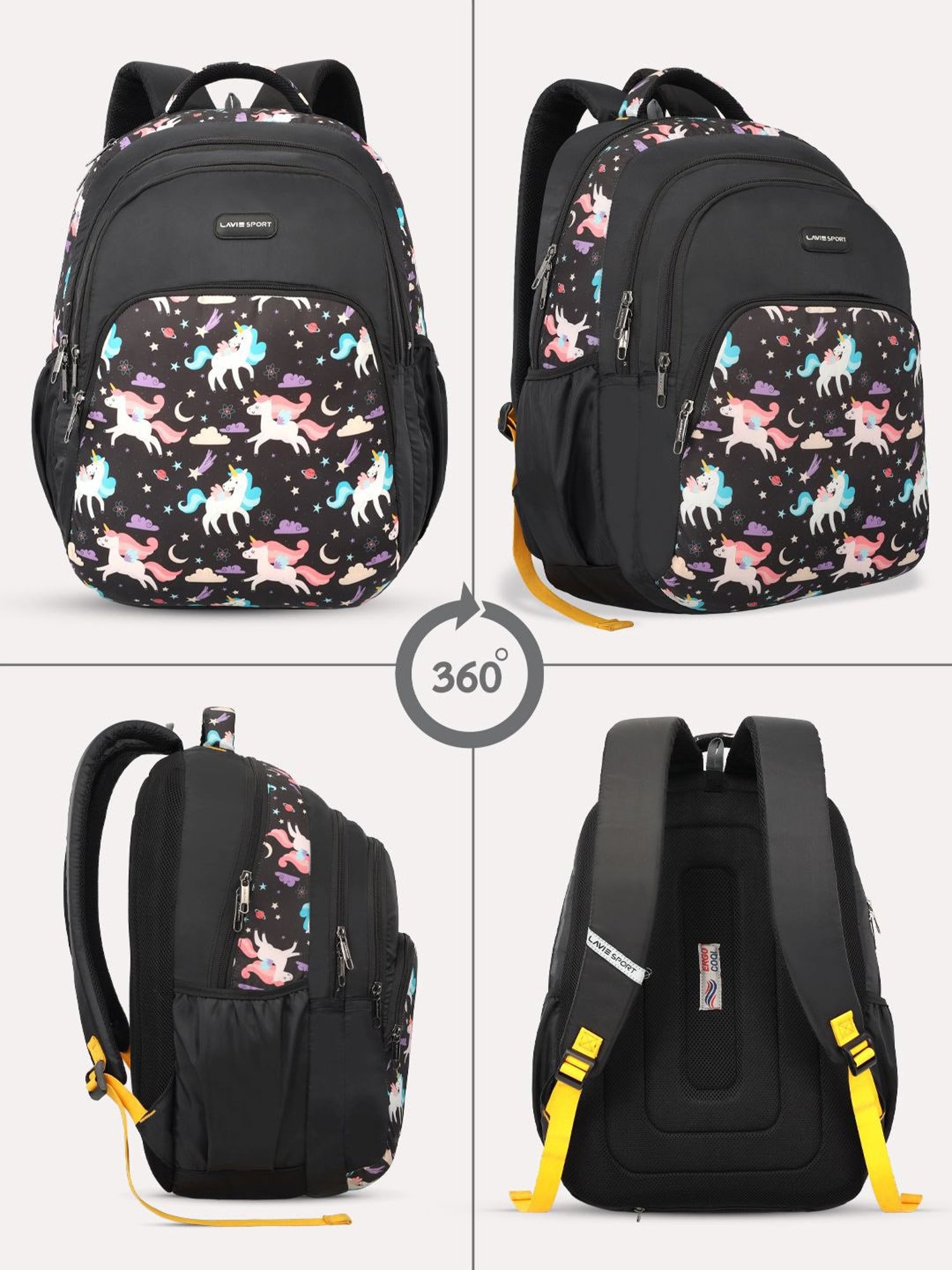 Lavie Sport Unicorn Star 39L Printed School Backpack with Rain cover for Girls (Black)