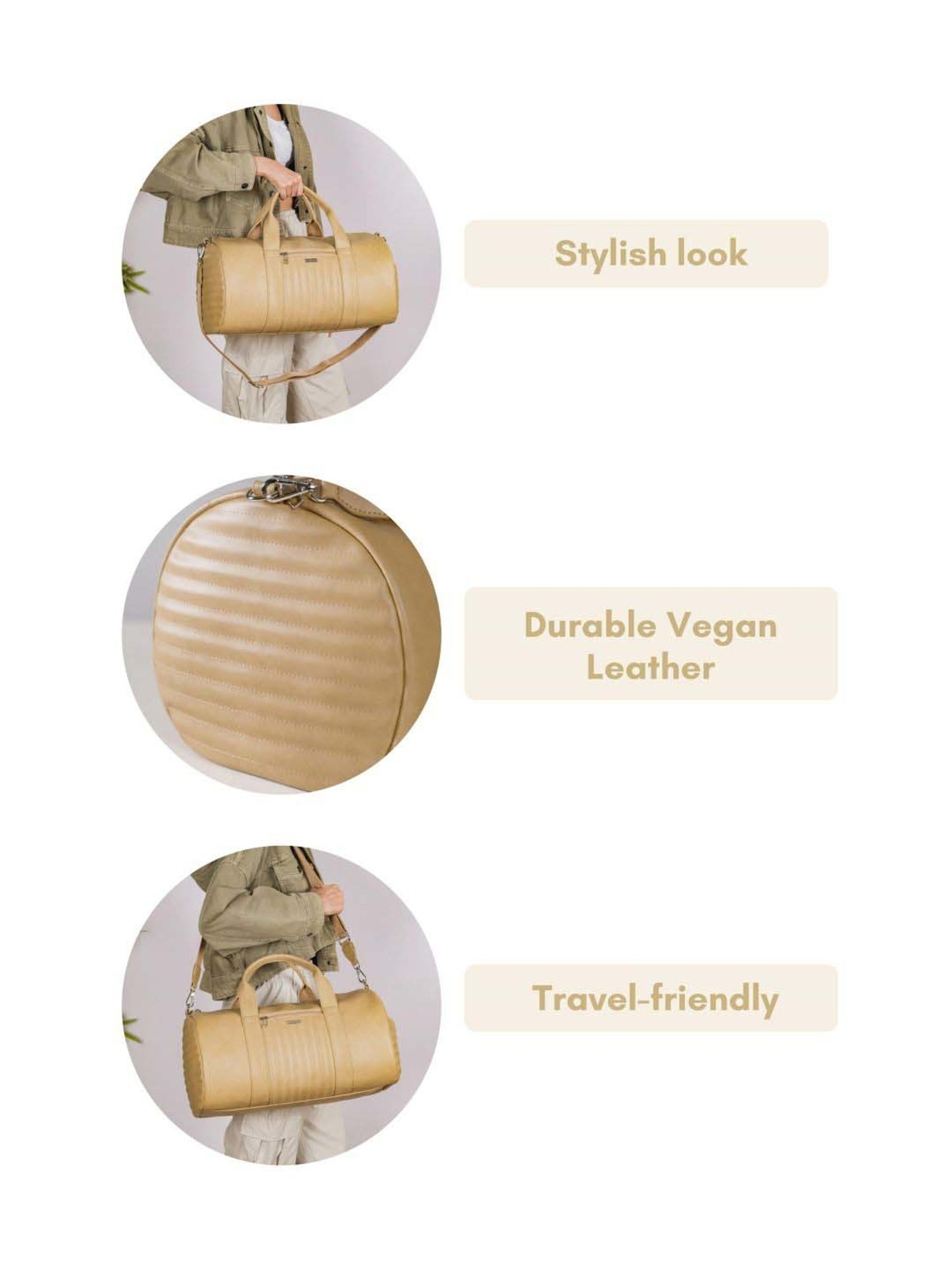 Nestasia Vegan Leather Large Size Beige Color Spacious Duffle Bag with Convenient Compartments