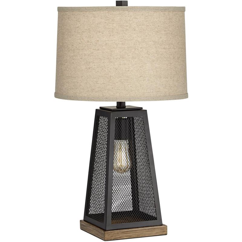 Franklin Iron Works Industrial Artisan Table Lamp with Nightlight LED USB Port Metal Mesh Burlap Shade for Living Room Bedroom