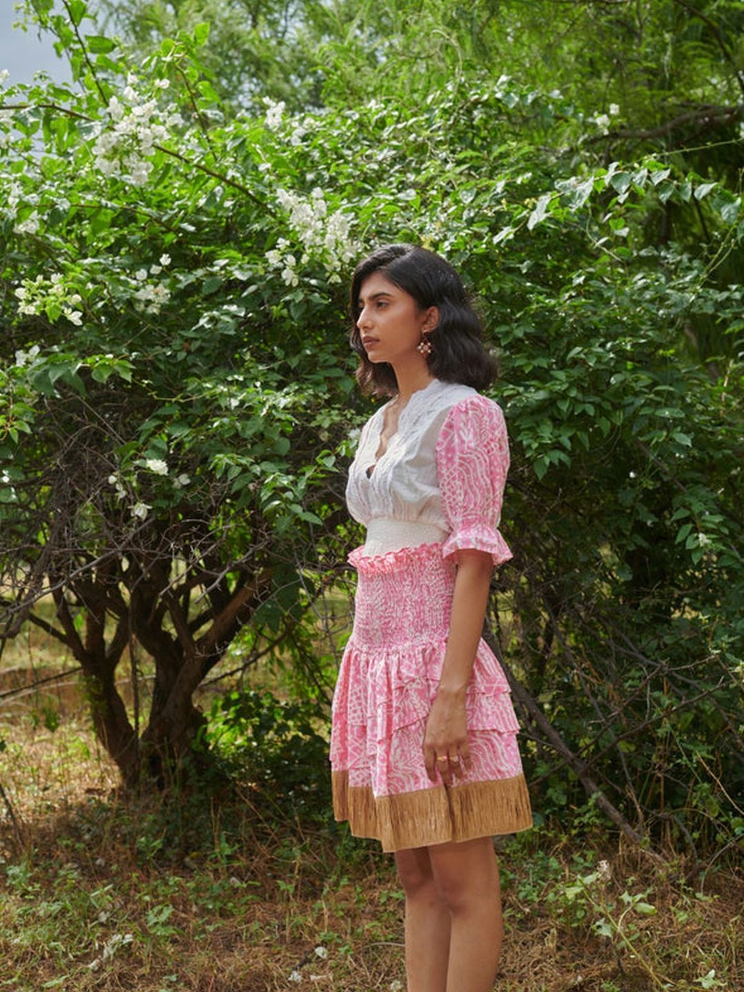 Khajoor Studio White & Pink Sundaze Barbie Smocked Meadow Print Crop Top & Skirt Co-ord Set