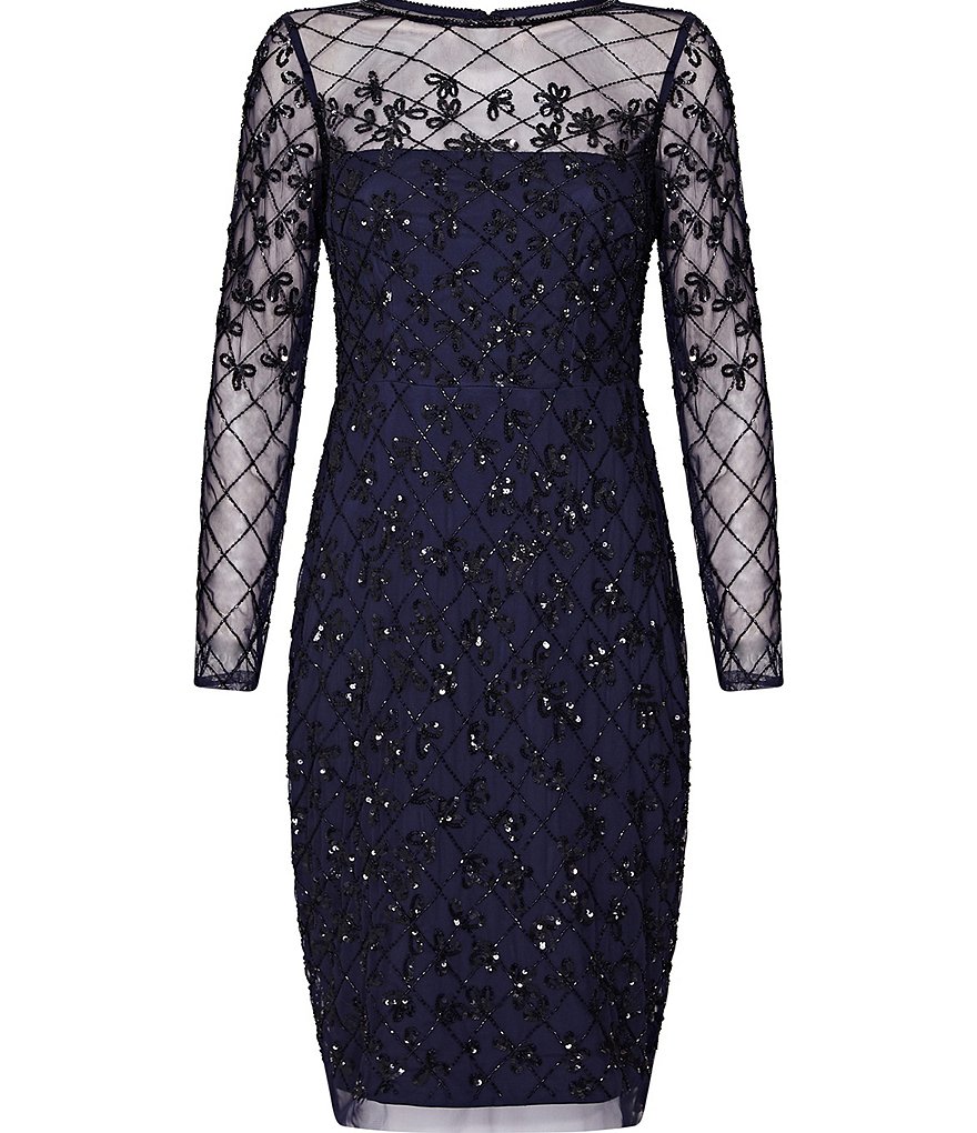 Adrianna Papell Round Neck Long Sleeve Beaded Sheath Dress