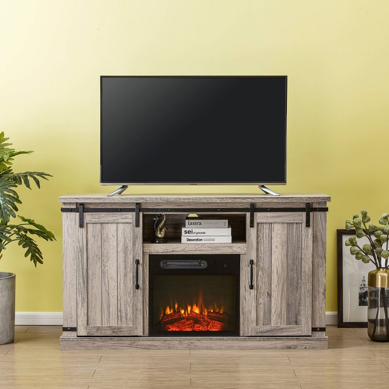 54" Sliding Doors TV Stand For TVs up to 60" with Electric Fireplace Antique Gray Oak - Home Essentials