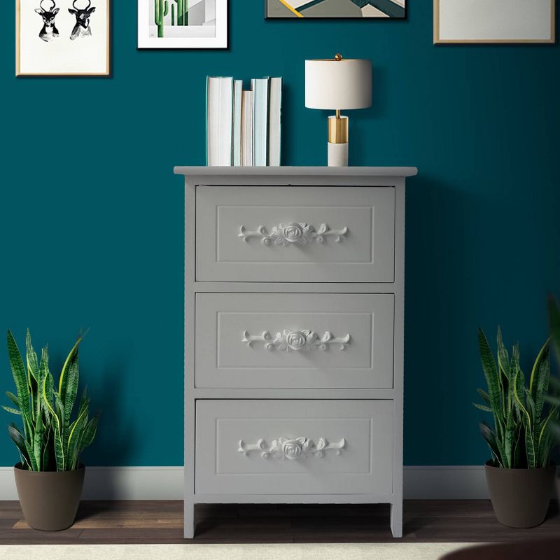 24.41" 3 Drawer Wooden Storage Cabinet with Engraved Floral Details Heathered White - The Urban Port