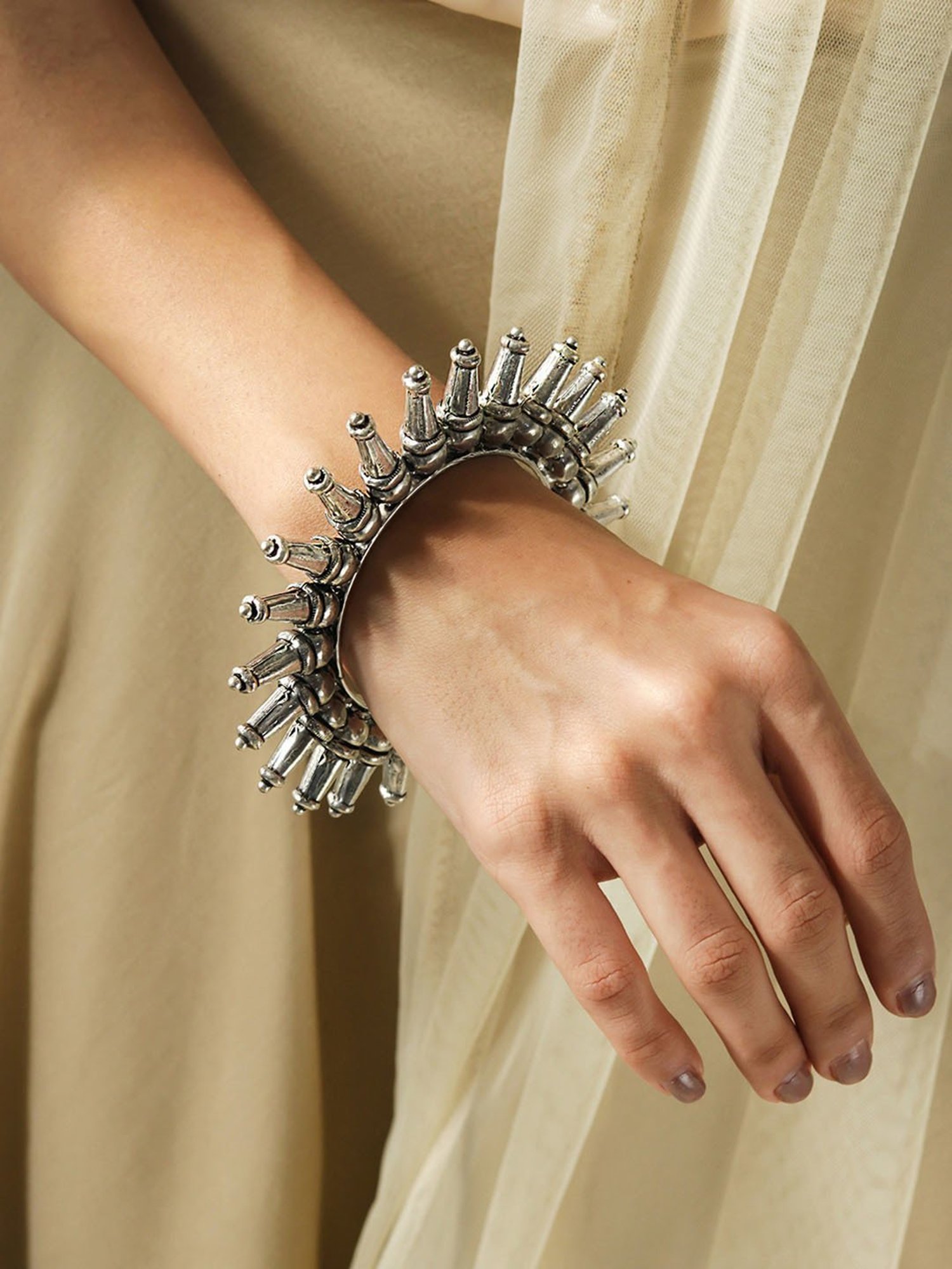 Fida Silver-Plated Oxidised Tribal Kada Bangle for Women