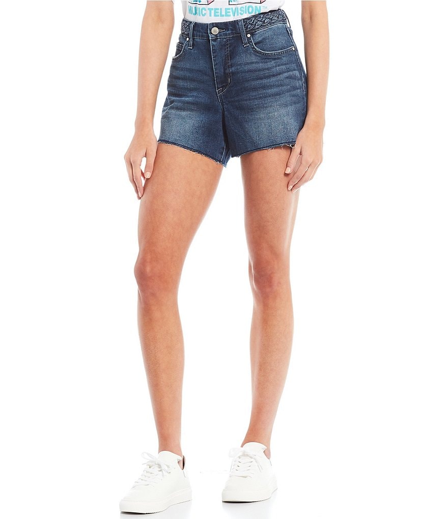 Frayed High-Rise Braid Denim Shorts