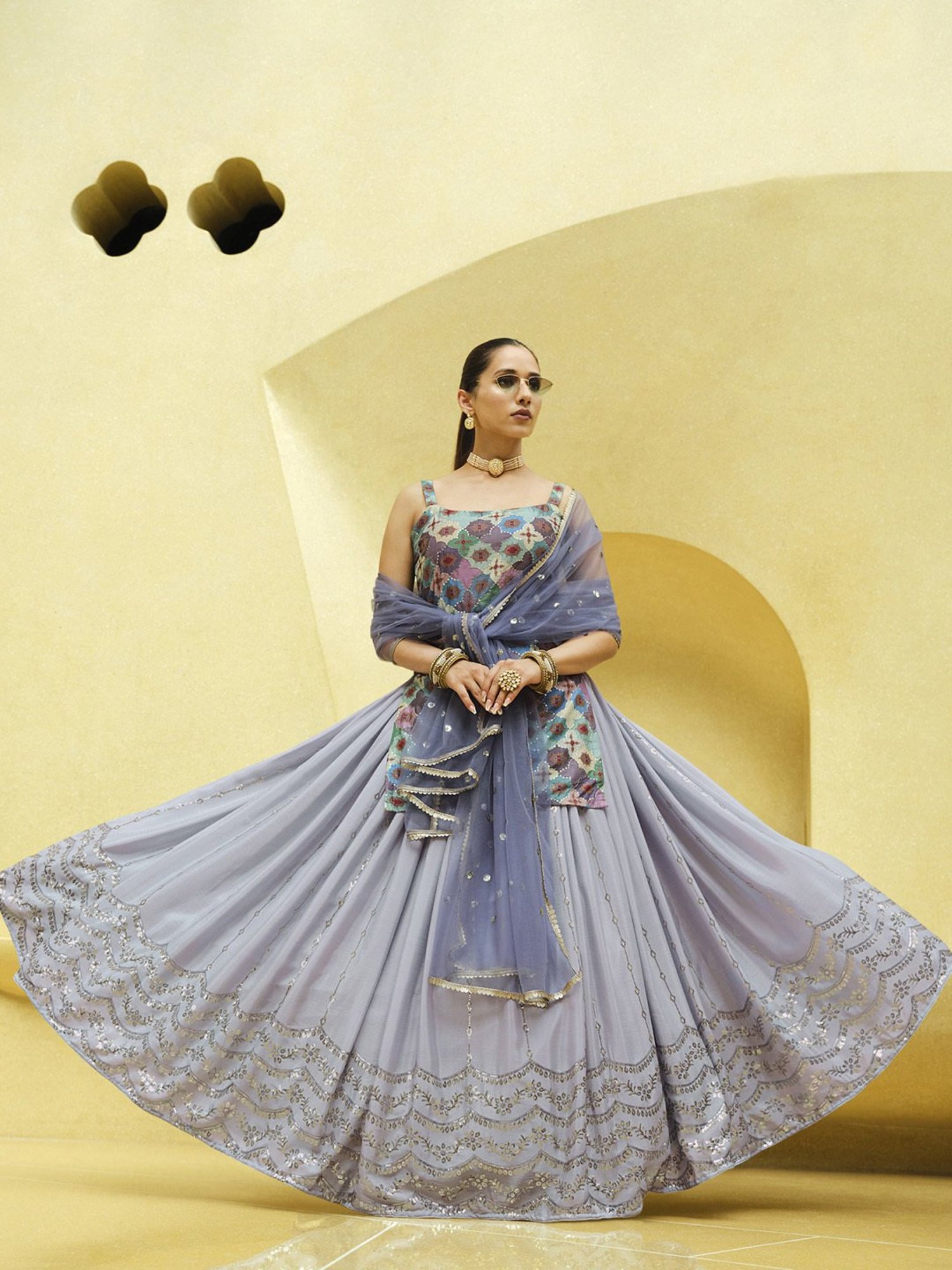 SHUBHKALA Lavender Embellished Lehenga and Choli Set With Dupatta