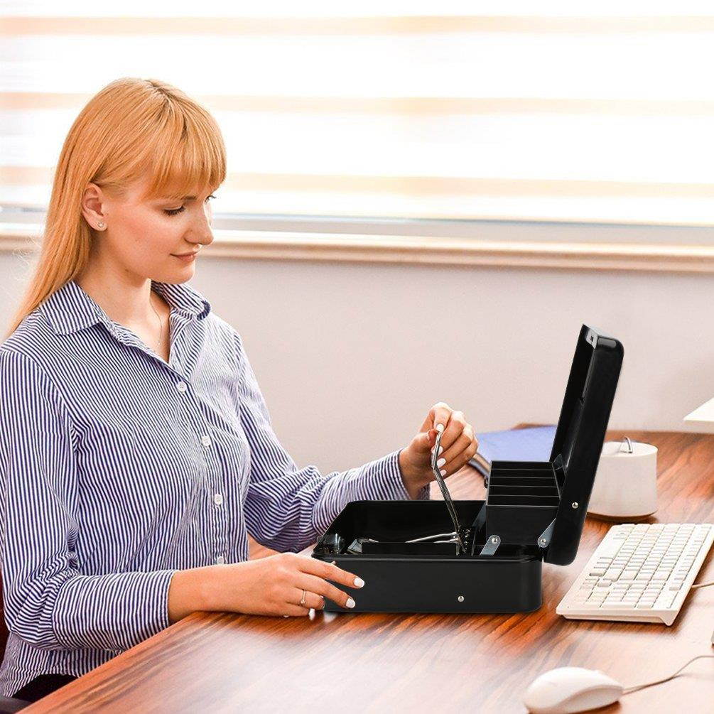 Jssmst Locking Large Metal Cash Box with Money Tray, Money Box with Combination Lock, Black