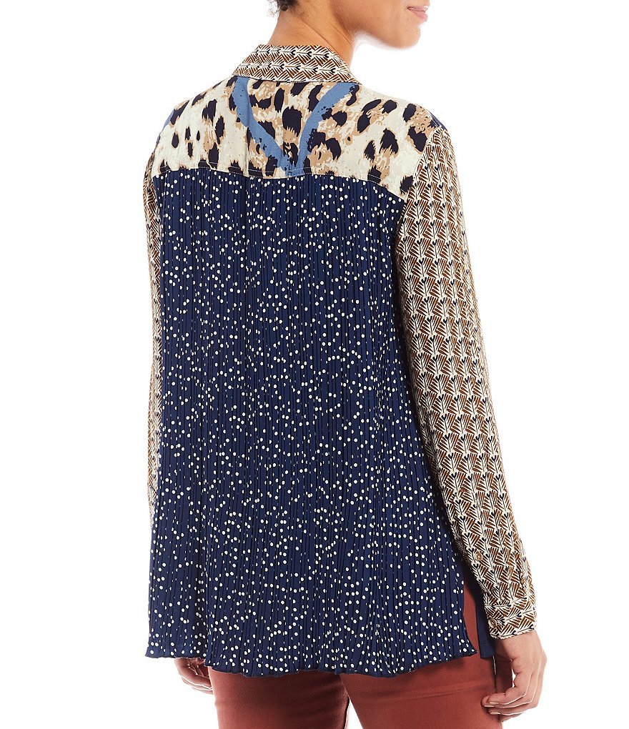 John Mark Mixed Media Floral Front Pleat Back Point Collar Long Cuffed Sleeve Crepe Tunic