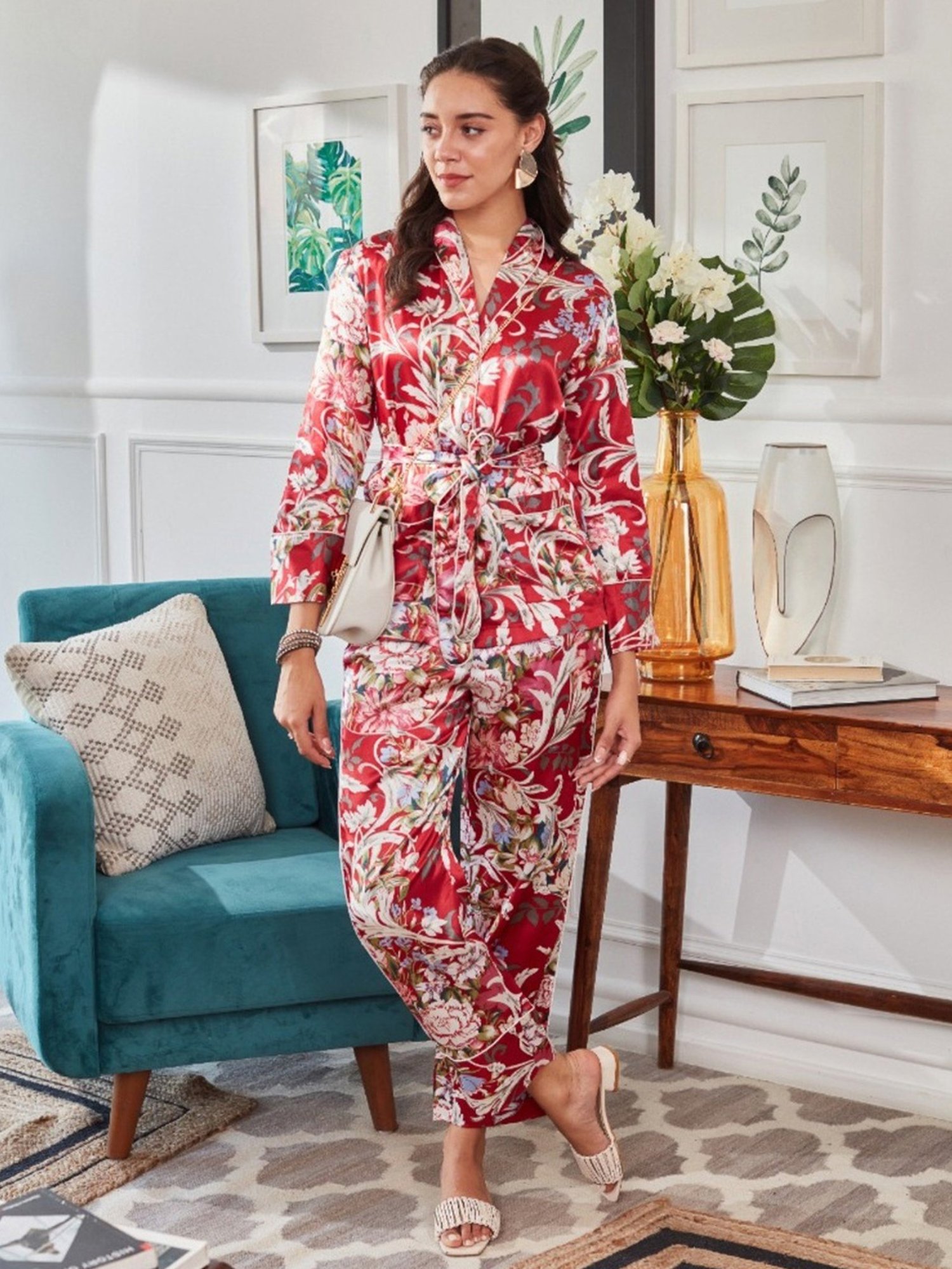 Dusk Attire Red Kiss of Flower Co-ord Set