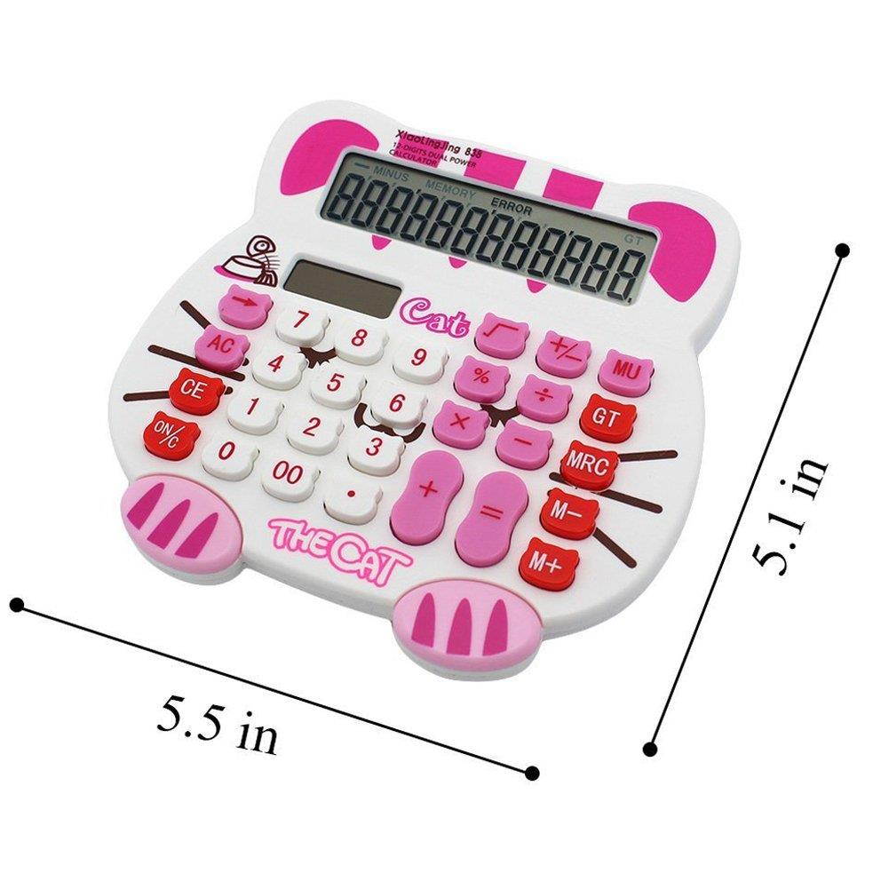 Loghot Adorable Creative 12 Digits Solar Dual Power Cartoon Cat Shape LCD Display Desktop Calculator with Big Screen White