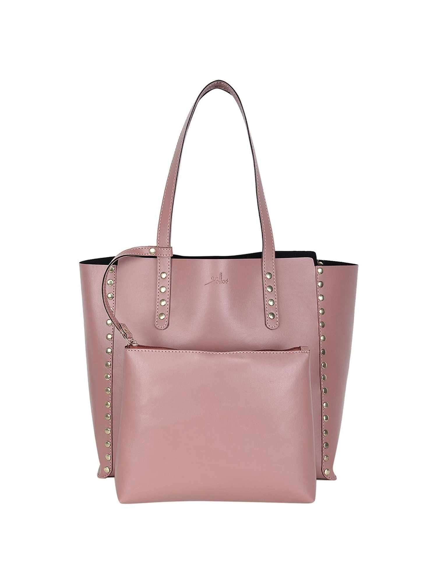 Yelloe Peach Embellished Large Tote Handbag with Pouch