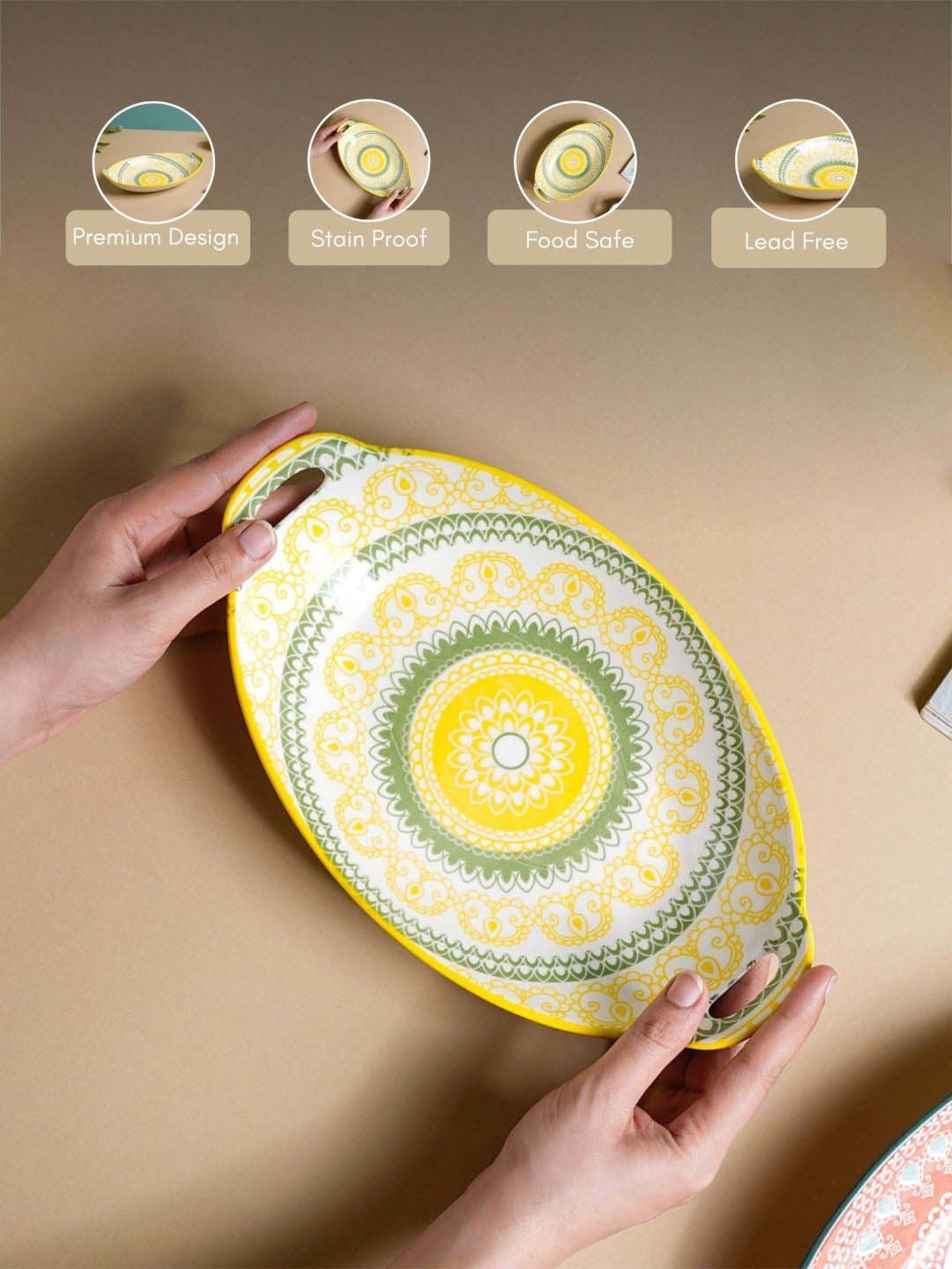 Nestasia Yellow and Green Mandala Ceramic Long Dish With Handles For Serving Snacks (10.8 Inch)