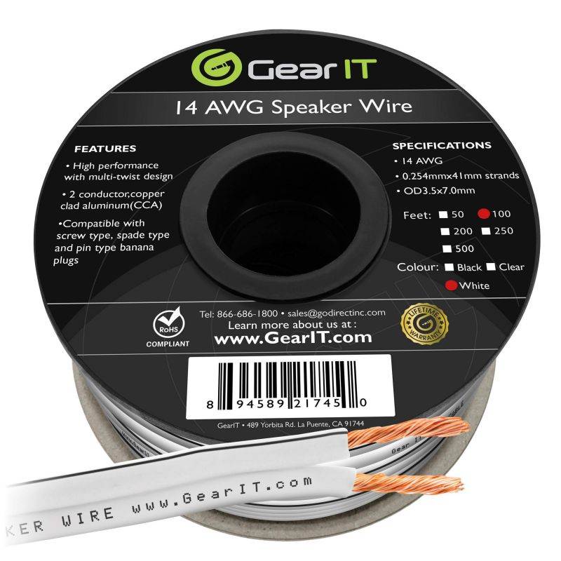 14AWG Speaker Wire, GearIT Pro Series 14 AWG Gauge Speaker Wire Cable (100 Feet / 30.48 Meters) Great Use for Home Theater Speakers and Car Speakers White 100 Feet